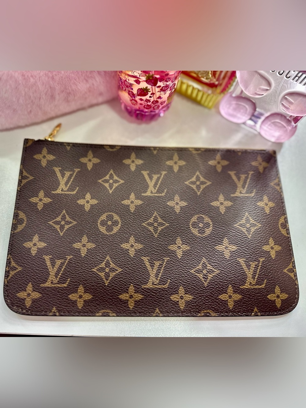 Louis Vuitton Monogram Wristlet Clutch in Brown with Beige Strap